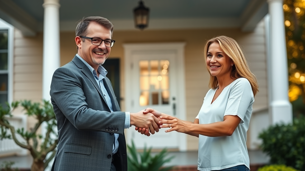 Insurance agent shaking hands with Columbia SC homeowners after securing home insurance policy