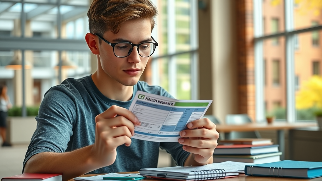 College student examining health insurance card on campus, student ID and notebooks visible on table
