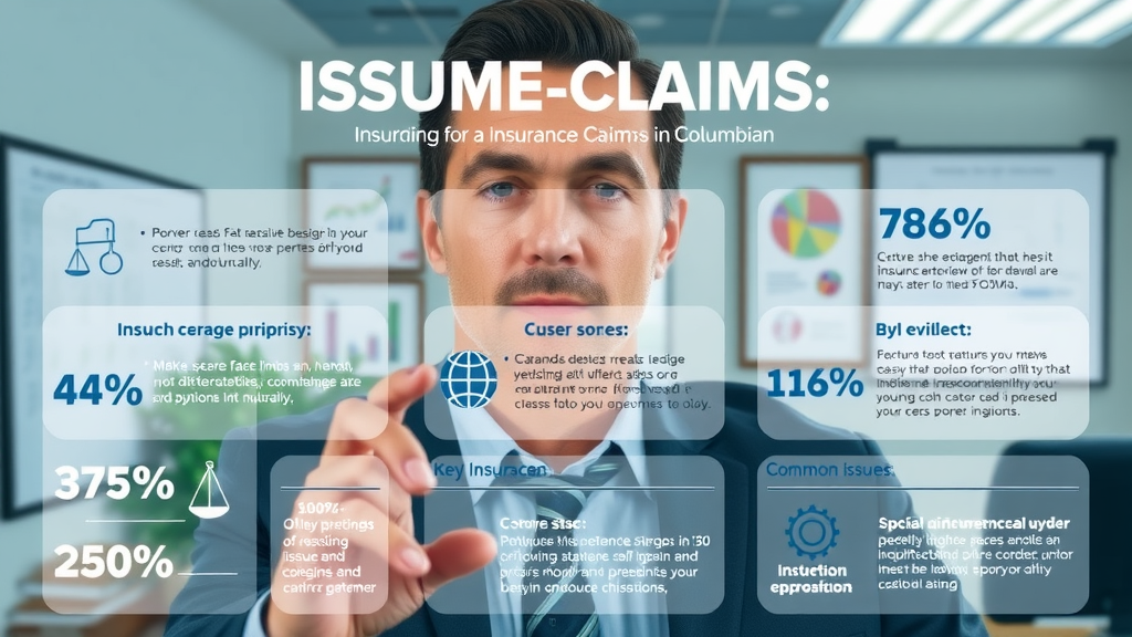 Informative infographic overview of the insurance claims process highlighting key statistics and common issues in Columbia SC, photo-realistic with legal documents and charts in office background, high resolution