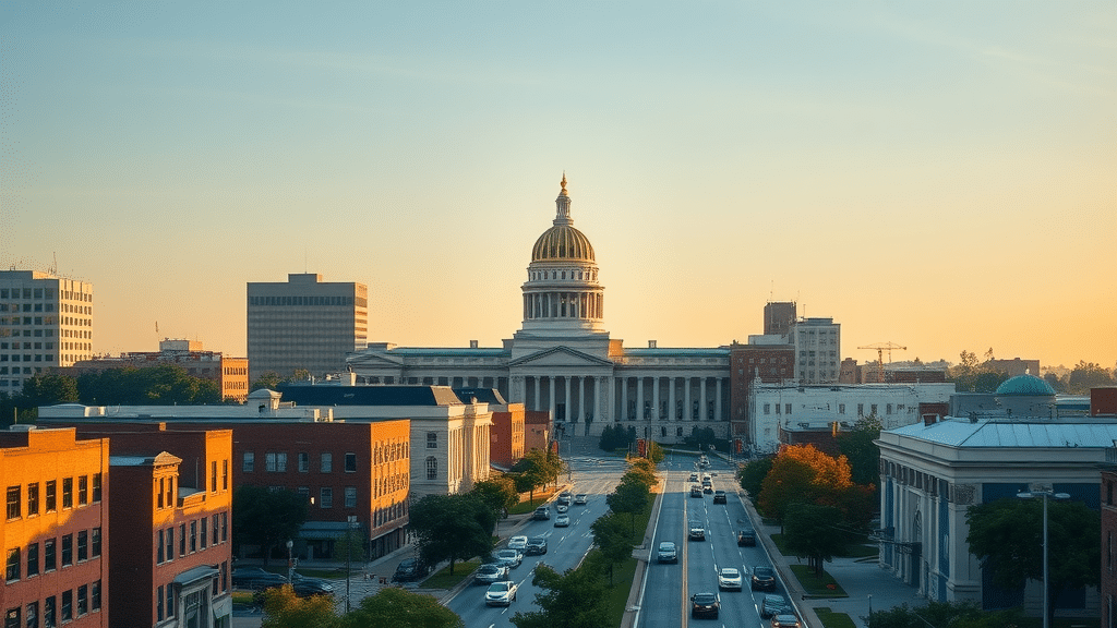 Columbia SC insurance rates city skyline, recognizable state capitol, sunset downtown financial district