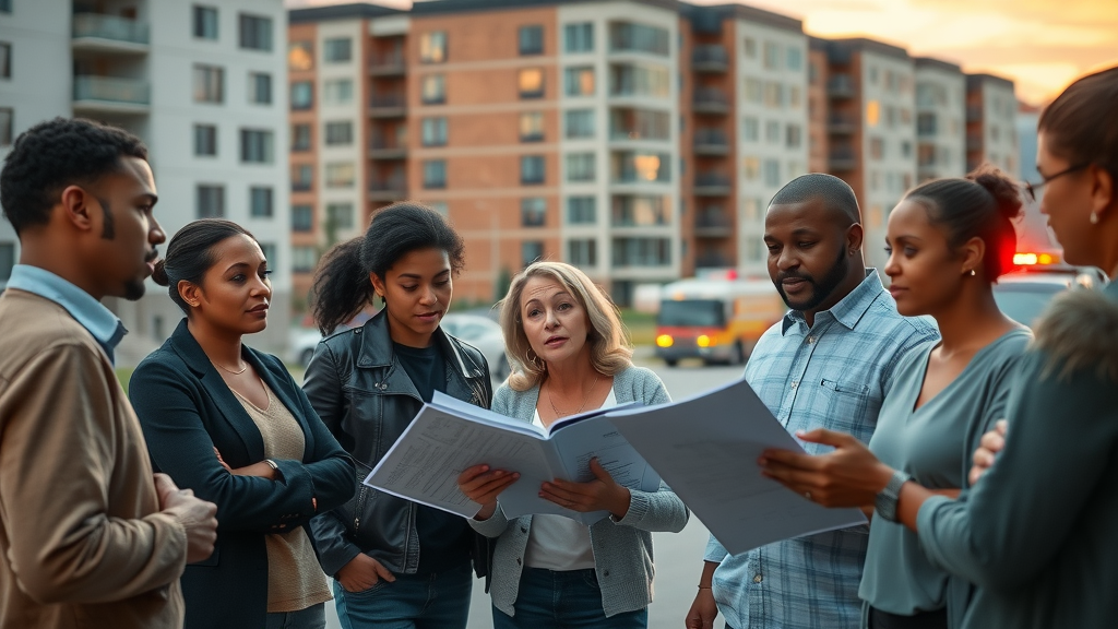 A diverse group of adults stands outdoors near apartment buildings, gathered closely and reviewing documents together, appearing focused and engaged in discussion.