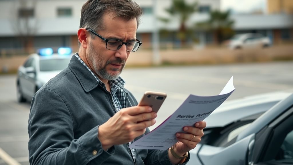 Diligent Columbia SC policyholder photographing vehicle damage and organizing documents in parking lot with police car present, insurance claims process actions