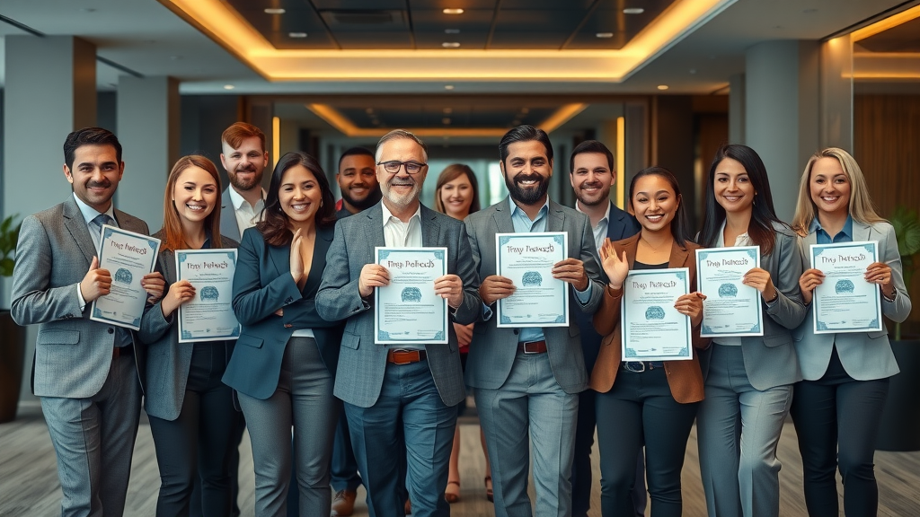 award-winning columbia insurance company team with certificates in elegant office lobby