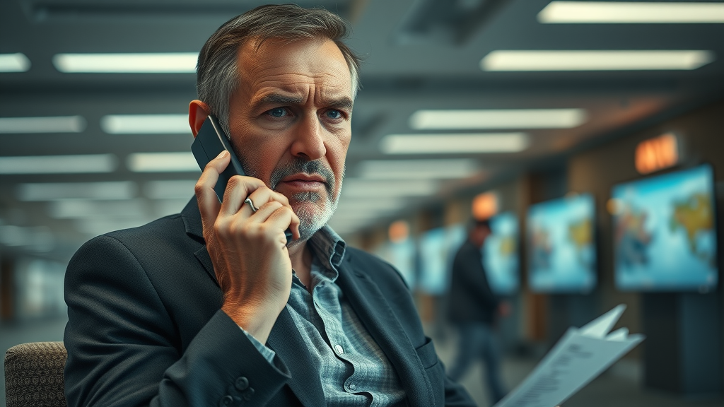 Frustrated insurance claimant on call with company in office lobby, exasperated, paperwork in hand, insurance claim process Columbia SC