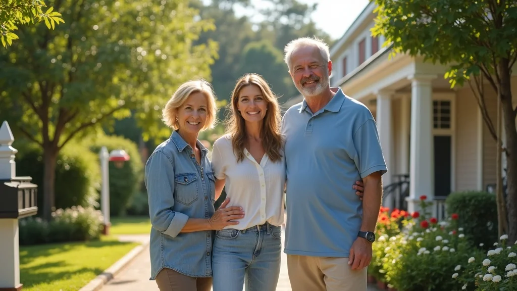 A smiling woman stands between an older couple, all posing together outdoors in front of a house with a garden on a sunny day. The group looks happy and relaxed.
