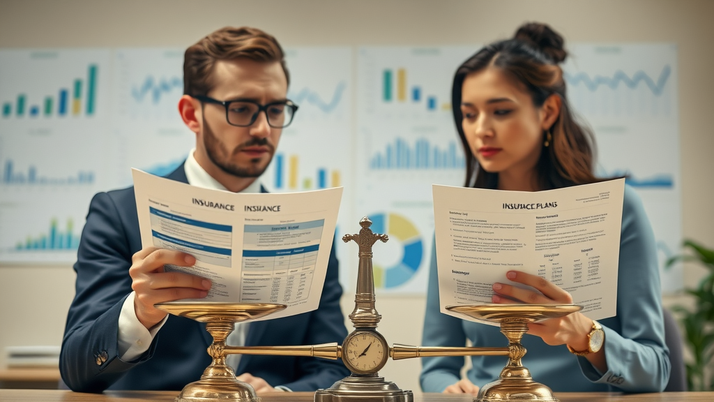 two people evaluating insurance coverage options columbia, comparing 70/30 and 80/20 plans with scales