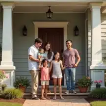 A family of six, including two adults and four children, stands smiling together in front of a house with a porch, white columns, and blooming flowers in the garden on a sunny day.