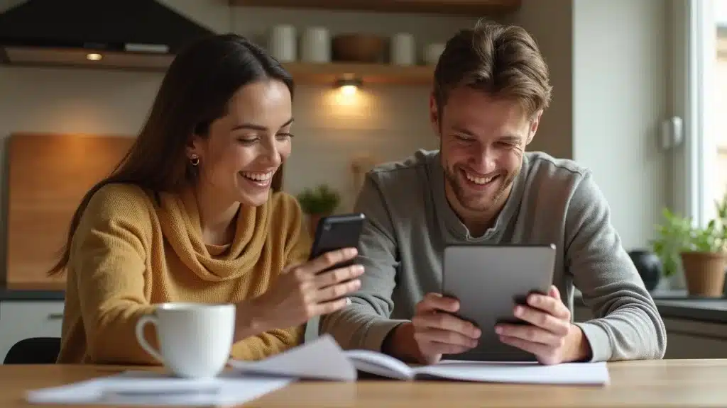 Side-by-side tablet and smartphone — two friends, pleased, reviewing insurance quote breakdowns, styled as photorealistic set at a kitchen island with visible coffee mugs and paperwork, featuring minor paper movement, high-gloss device finishes, rendered with detailed facial features and realistic ambient reflections, emphasized with soft yellow and natural wood tones, under early morning kitchen lighting, captured as if shot with a 40mm lens.