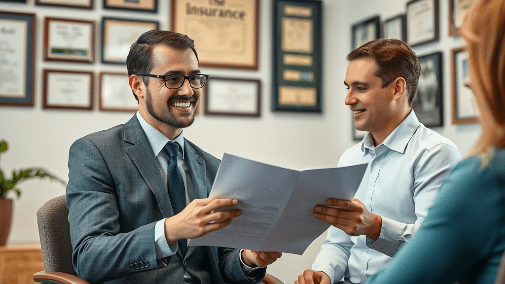 Professional insurance agent explaining affordable insurance Columbia SC policy details to clients with awards in meeting room