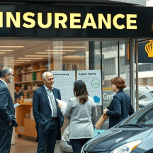 Four people in business attire stand talking outside a storefront labeled INSUREANCE. Office documents are visible inside, and a nearby car and street signs are in view. The sign has a typo: INSUREANCE instead of INSURANCE.