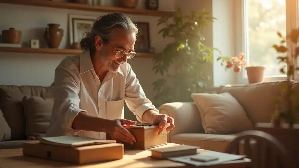Inviting home interior — serene homeowner inspecting living room valuables, secure and content, gently holding a family heirloom, styled as photorealistic set in a sunlit living room filled with personal belongings, featuring soft sunlight, lightly swirling dust motes, rendered with rich texture detail and sharp focus on hands and objects, emphasized with warm beiges and light woods, under ambient indoor lighting, captured as if shot with an 85mm lens.