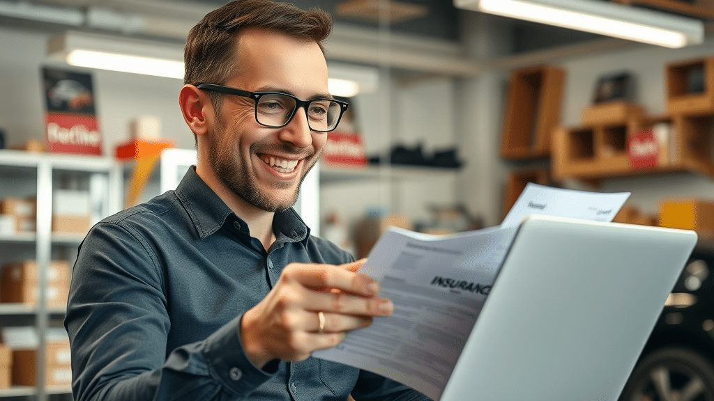 Happy small business owner in Columbia SC reviewing insurance documents affordable insurance group