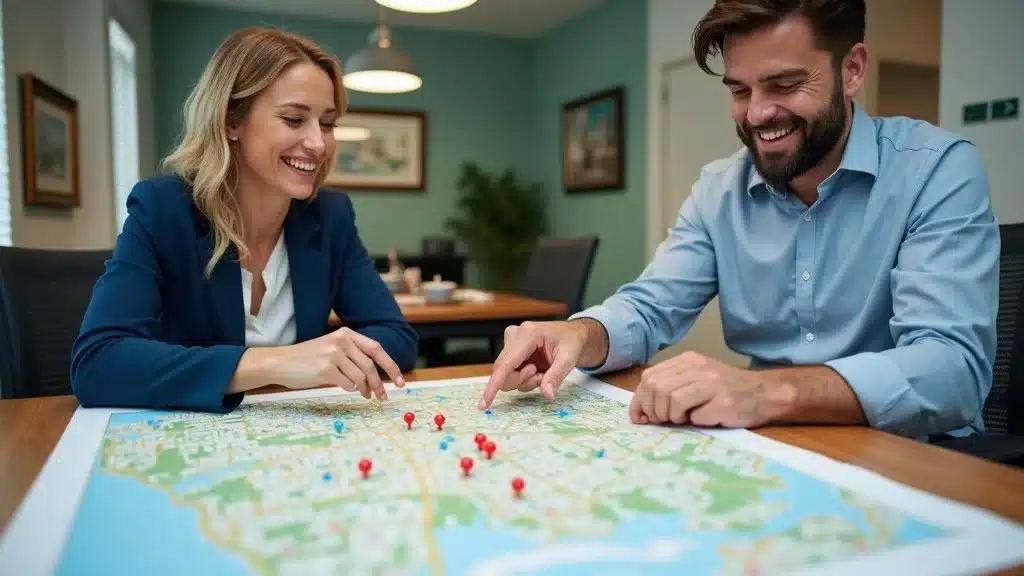 Detailed Columbia SC map — confident homeowner pointing at key neighborhoods, engaged, discussing with local insurance agent (smiling and attentive), styled as photorealistic set in a modern office with a large city map table, featuring dynamic gesture, location pins, and lively office backdrop, rendered with sharp realism and crisp fabric and paper textures, emphasized with blue, green, and neutral colors, under even professional lighting, captured as if shot with a 35mm lens.
